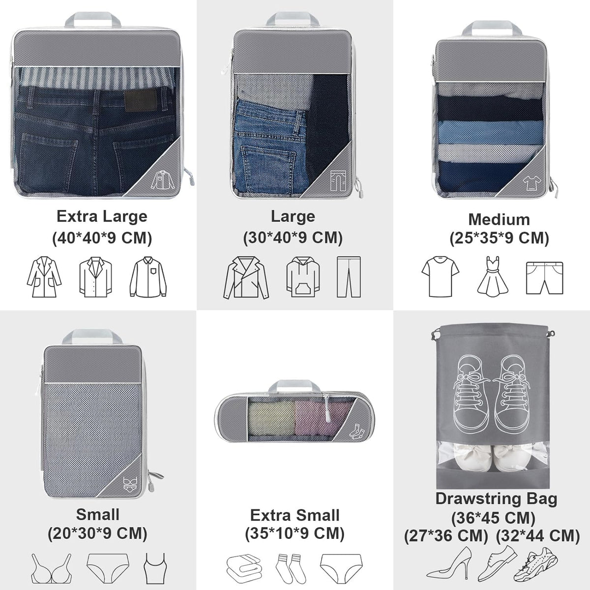 Compression Packing Cubes – 11 Piece Set (Grey)