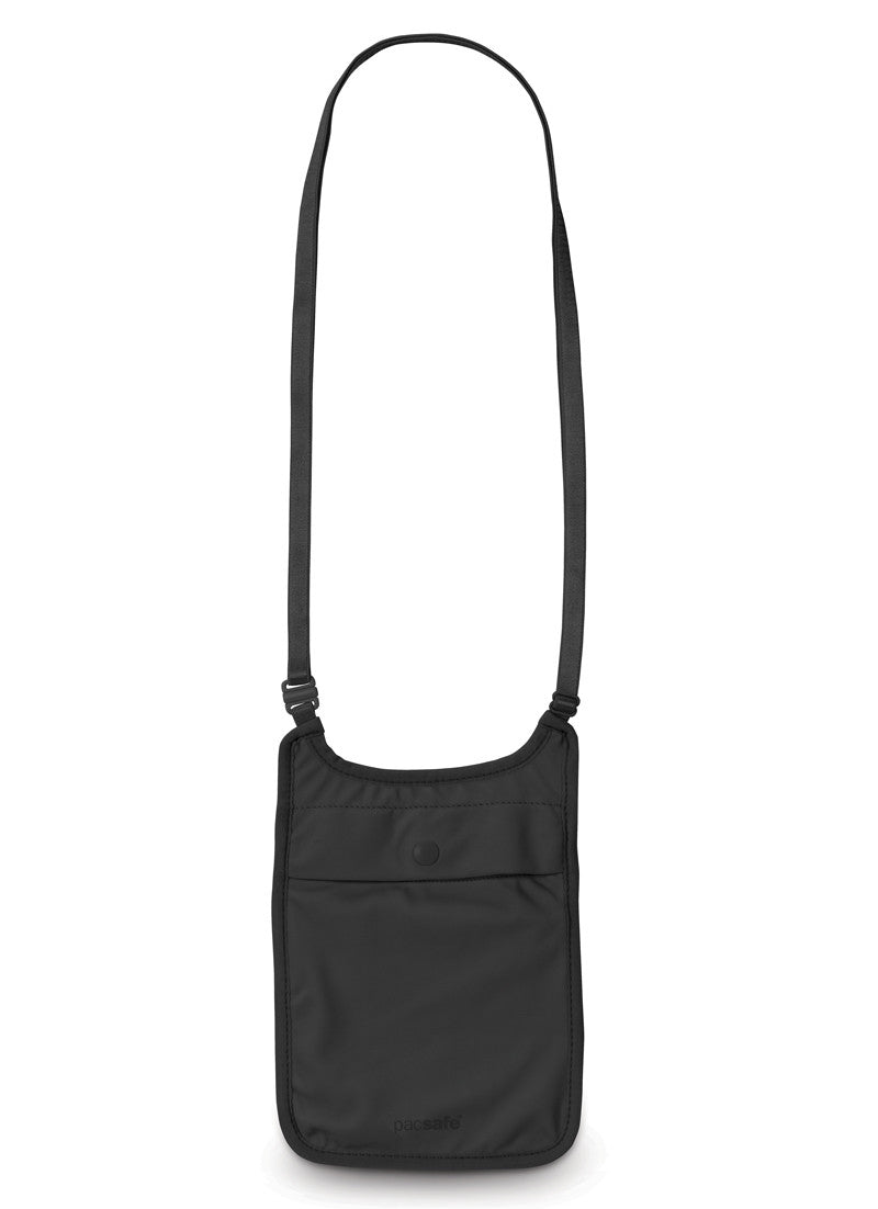 Black Pacsafe Coversafe S75 neck pouch with adjustable strap extended