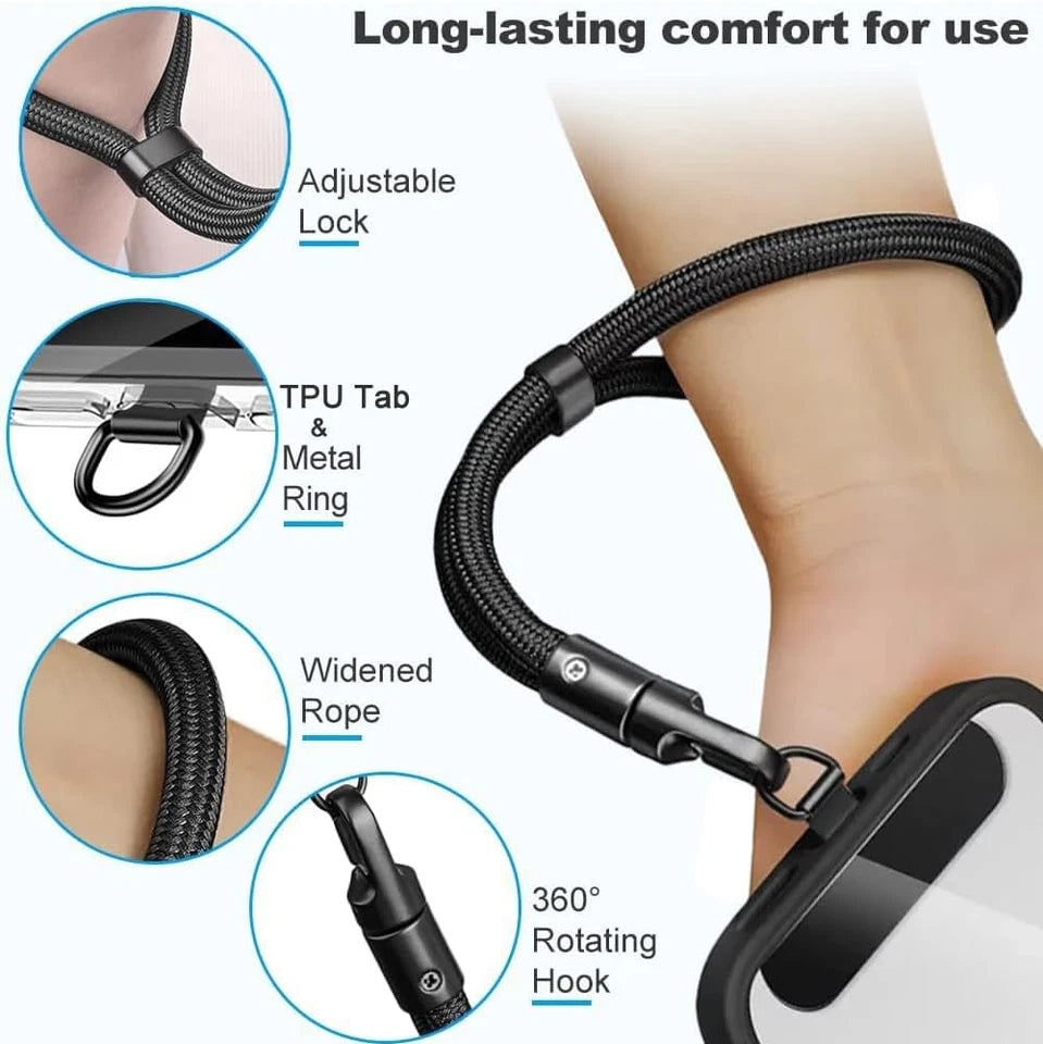 Black phone lanyard with features highlighted on a white background