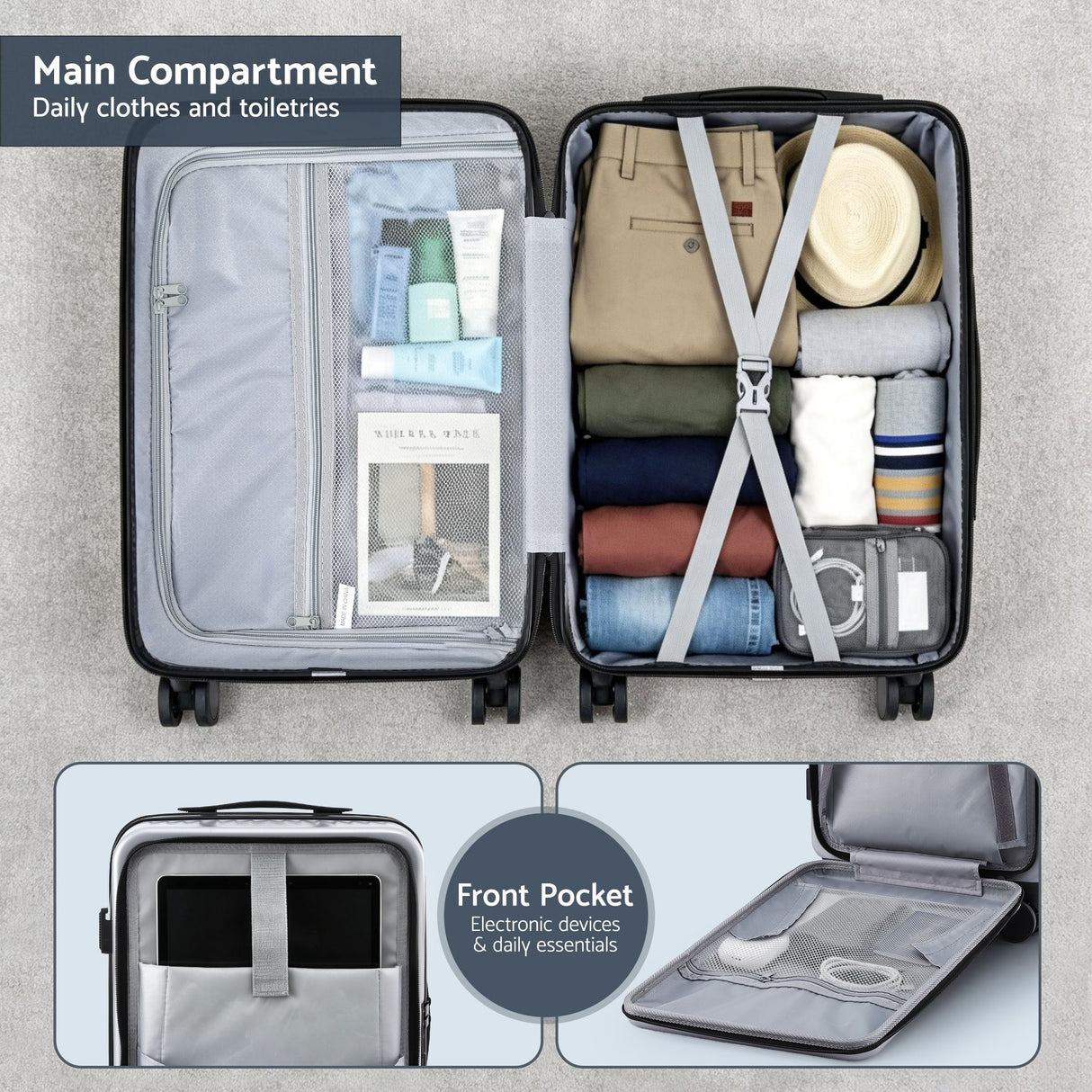 Wanderlite 20" Luggage Suitcase Front Pocket Travel Carry On Dual TSA Silver
