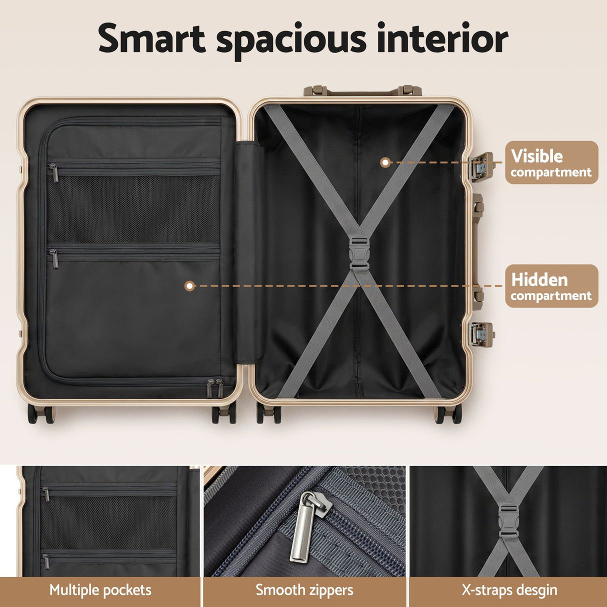 Wanderlite 20" Aluminium Frame Carry On Luggage Suitcase TSA Lock Spinner Wheels White Gold
