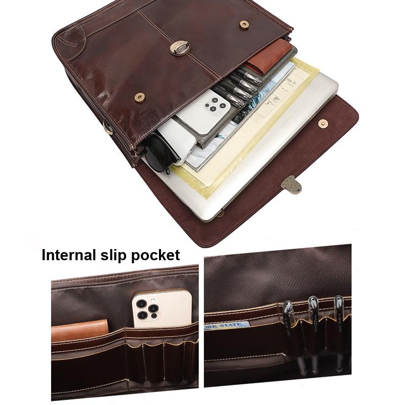 Retro Cowhide Leather Briefcase for 15.6 Laptop - Multifunctional - Coffee