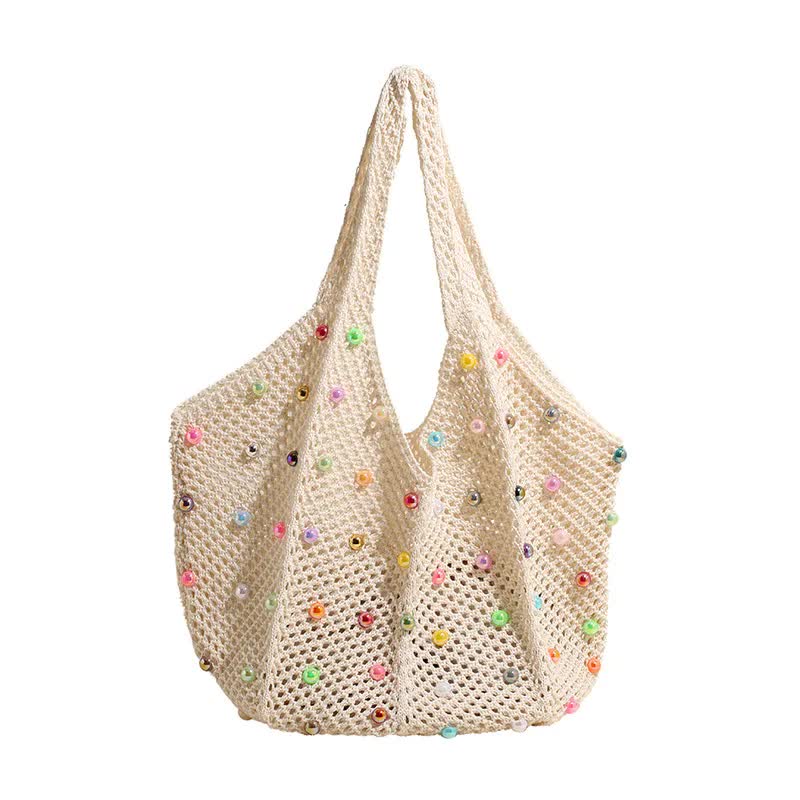 White Summer Woven Handbag โ Hollow Straw Beach Tote with Colorful Beads, Lazy Style, Large Capacity Shoulder Bag for Vacation