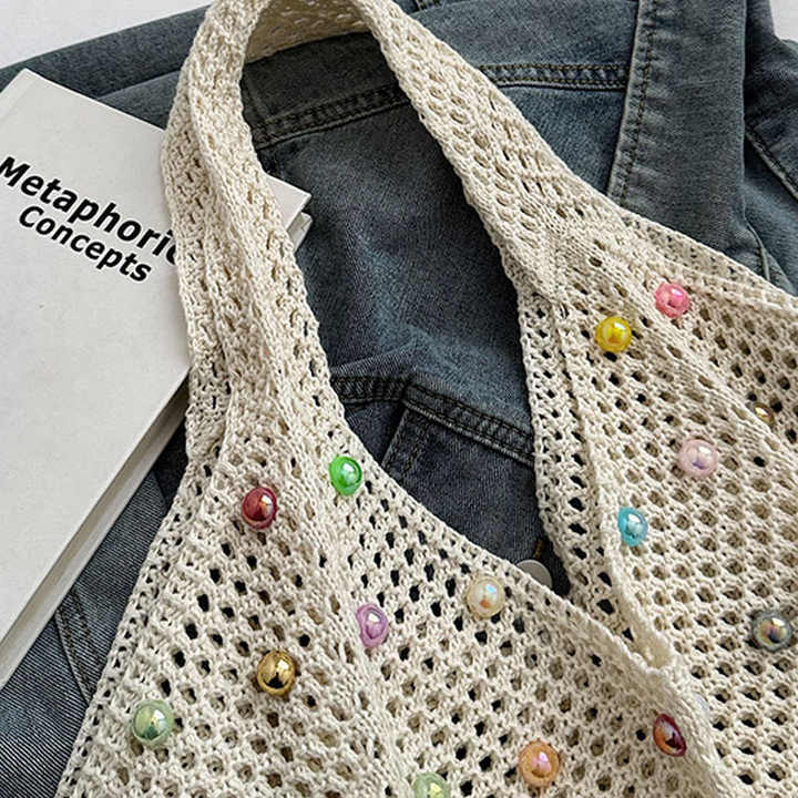 White Summer Woven Handbag โ Hollow Straw Beach Tote with Colorful Beads, Lazy Style, Large Capacity Shoulder Bag for Vacation