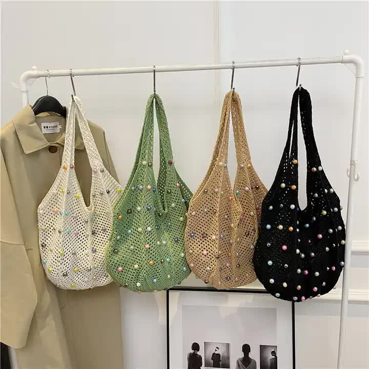 White Summer Woven Handbag โ Hollow Straw Beach Tote with Colorful Beads, Lazy Style, Large Capacity Shoulder Bag for Vacation