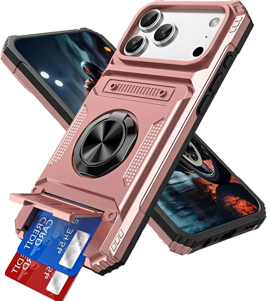 For iPhone 17 16 E 15 14 13 11 Pro Max 8 Case Shockproof Card Wallet Ring Cover