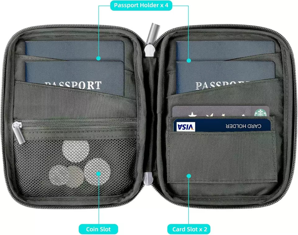 RFID Blocking Travel Wallet & Passport Holder for Family of 4 – Includes Wrist Strap