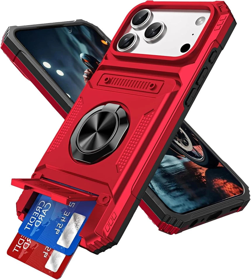 For iPhone 17 16 E 15 14 13 11 Pro Max 8 Case Shockproof Card Wallet Ring Cover