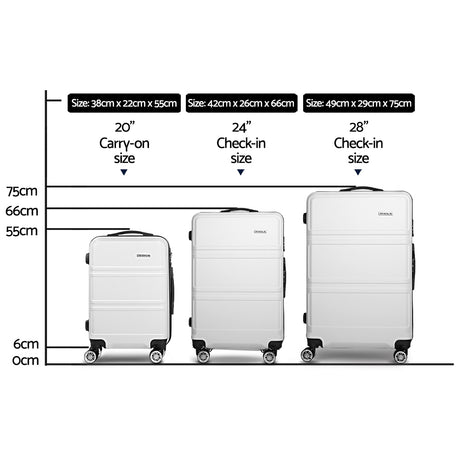 Wanderlite 3pc Luggage Trolley Set Suitcase Travel TSA Carry On Hard Case Lightweight White
