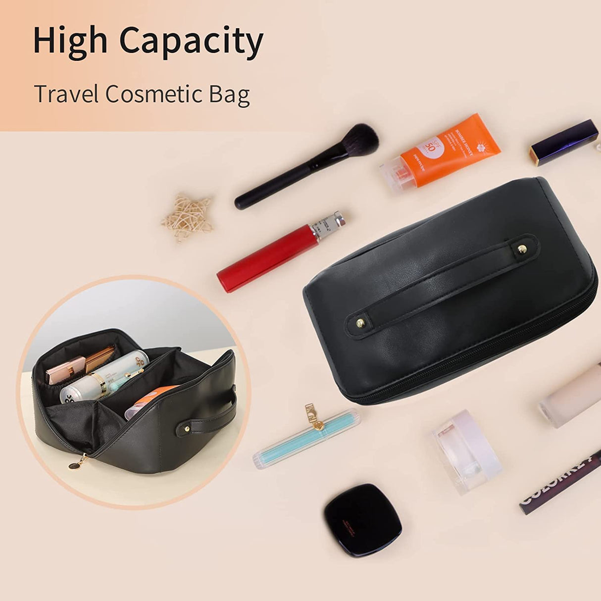 Large Travel Cosmetic Bag Portable Make up Makeup Bag Waterproof PU Leather Storage Black