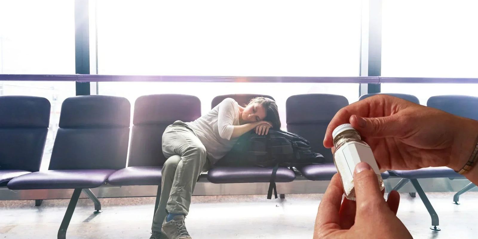 Natural jetlag remedies including melatonin, herbal tea and eye mask laid out for an Australian traveller preparing for a long-haul flight.