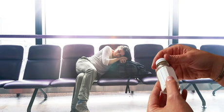 Natural jetlag remedies including melatonin, herbal tea and eye mask laid out for an Australian traveller preparing for a long-haul flight.