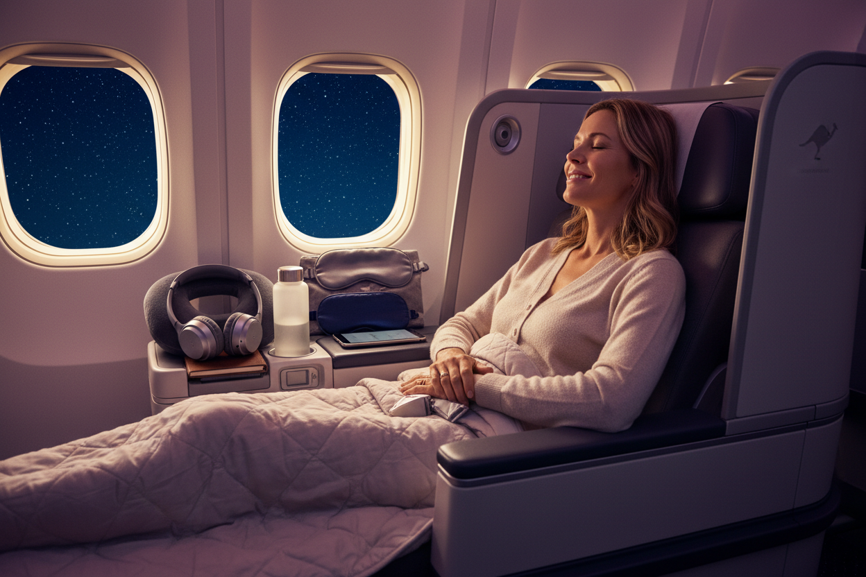 Australian traveller on a long-haul flight with travel neck pillow, eye mask, and reusable water bottle — essential in-flight comfort gear.