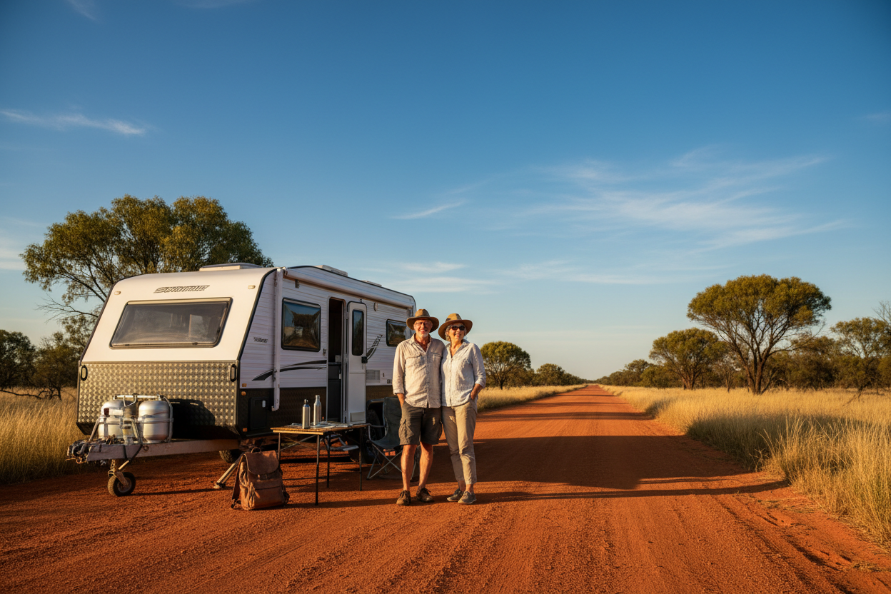 Grey nomad couple preparing their caravan for an extended Australian road trip with organised travel gear and security accessories.