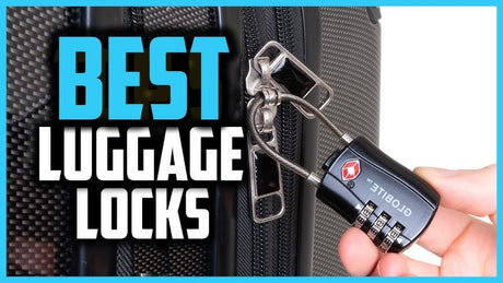 TSA-approved luggage cable lock securing a suitcase zipper at an airport check-in.