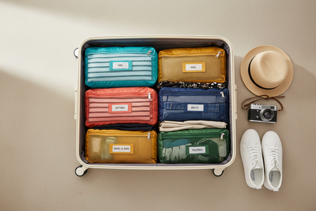 Set of colour-coded packing cubes organised inside a travel backpack, showing tops, bottoms, and underwear separated by category for Australian travellers.