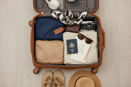 Organised carry-on bag with packing cubes, travel documents, RFID wallet, and travel adapter — the ultimate packing checklist for Australian travellers.