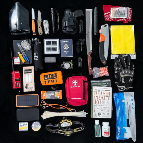 Traveller prepared for unexpected situations with a first aid kit, emergency poncho, portable charger and travel insurance documents in their bag.