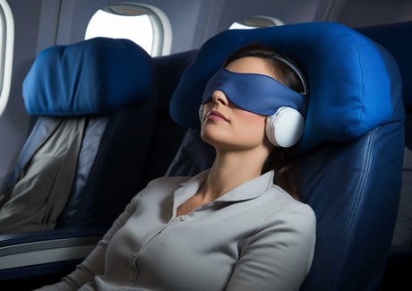 Passenger in economy class using a travel neck pillow, eye mask and blanket to sleep on a long-haul overnight flight.