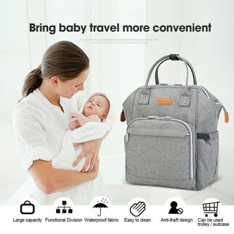 Lightweight nappy bag with multiple compartments open showing organised baby essentials, suitable for travel with infants in Australia.
