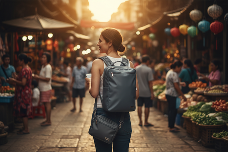 Australian traveller securing a Pacsafe anti-theft backpack with lockable zippers in a busy European tourist area.