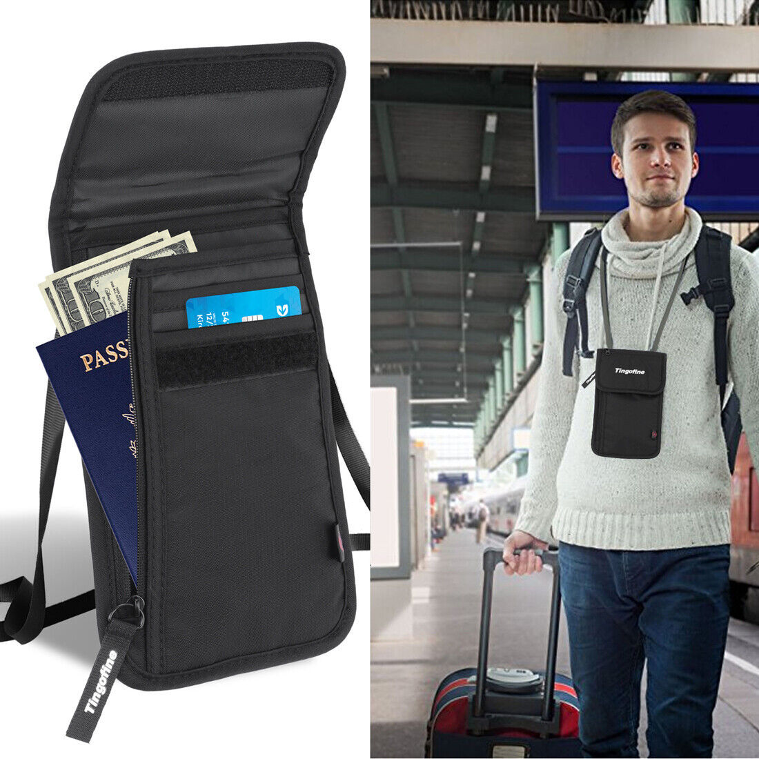 Traveller wearing a concealed RFID-blocking neck pouch under clothing at an international airport.
