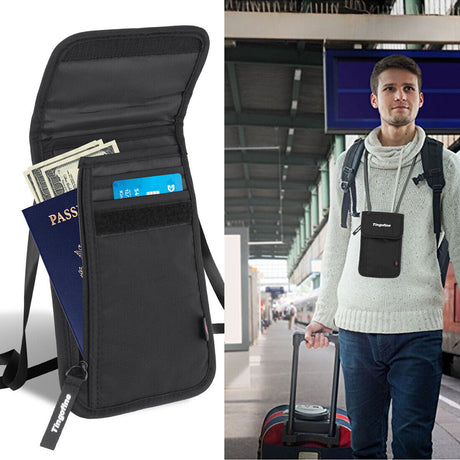 Traveller wearing a concealed RFID-blocking neck pouch under clothing at an international airport.