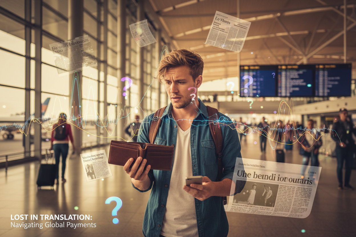 Aussie traveller testing an RFID blocking wallet at a contactless payment terminal to verify skimming protection.