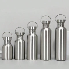 Set of stainless steel water bottles in different sizes, silver finish