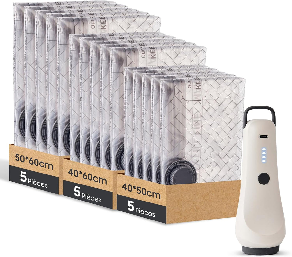 Travel Vacuum Storage Bags with Wireless Pump – 15 Pack