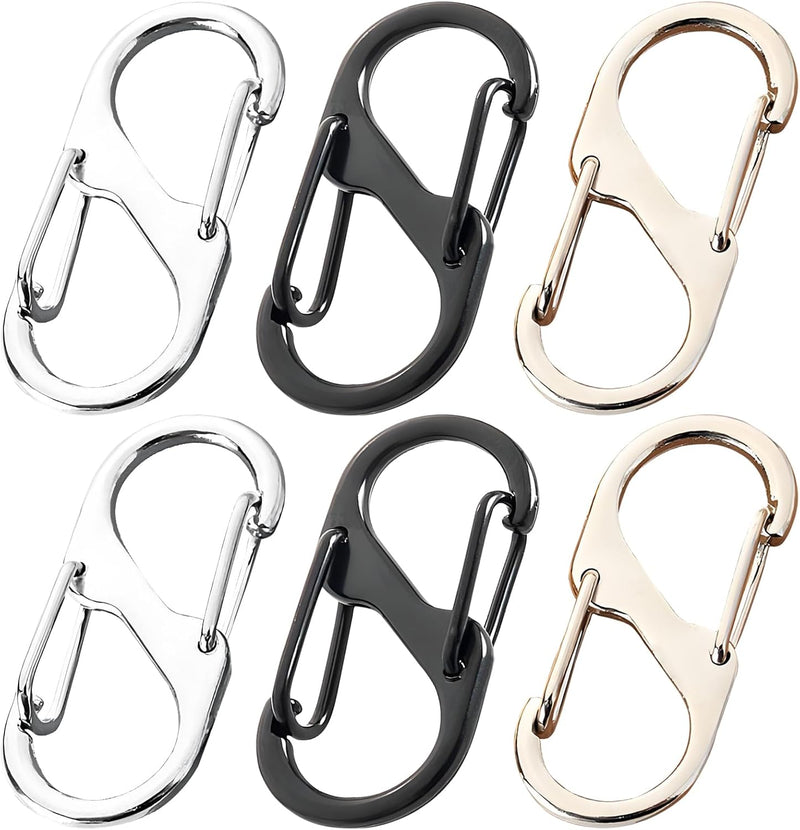 Six anti-theft zipper clip locks with double-opening carabiner design in silver, black and gold
