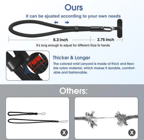 Black lanyard with adjustable length feature and comparison to other lanyards.