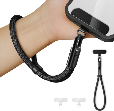 Black phone lanyard with a phone case on a white background