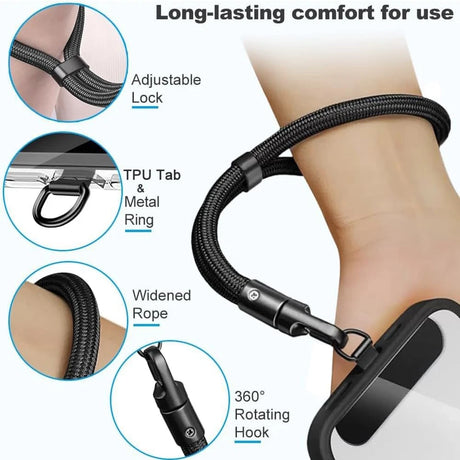 Black phone lanyard with features highlighted on a white background