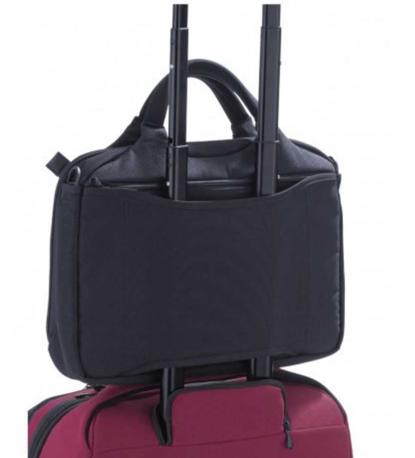 Crumpler Dry Red no 7 laptop briefcase, over suitcase handles