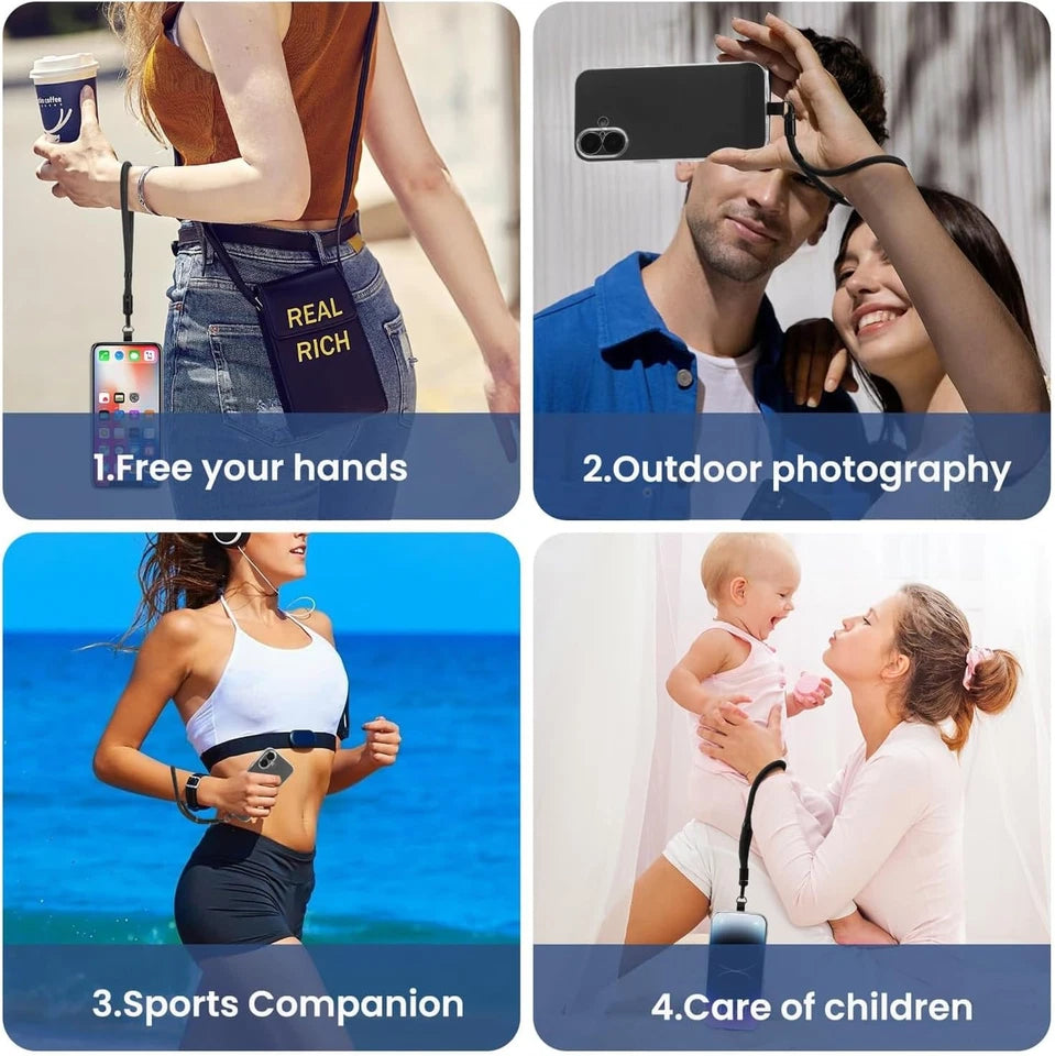 Four scenarios showing the use of a phone case with a camera lens cover: free hands, outdoor photography, sports companion, and care of children.