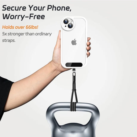 Hand holding a phone with a lanyard attached, featuring text about phone security and strength.
