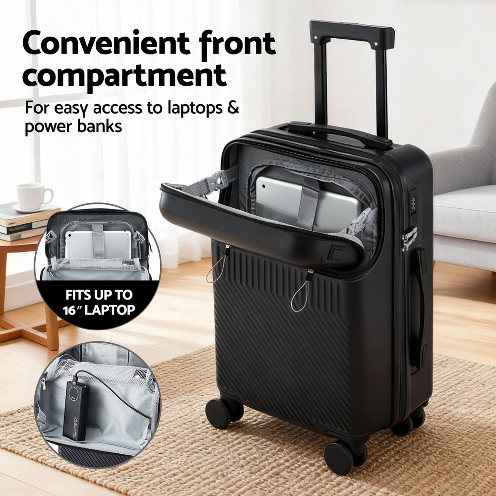 Wanderlite 20" Luggage Suitcase Front Pocket Travel Carry On TSA Black