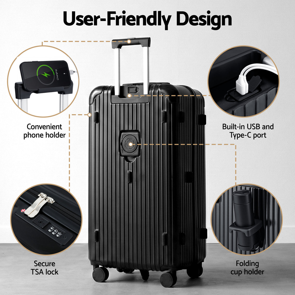 Wanderlite 28" Trunk Luggage Suitcase Travel 5 Wheels Type-C Port TSA Black