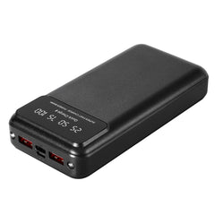Black 20,000mAh portable power bank with digital display and USB ports