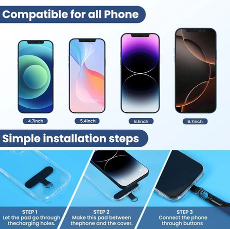 Smartphone compatibility chart with different screen sizes and installation steps on a blue background.