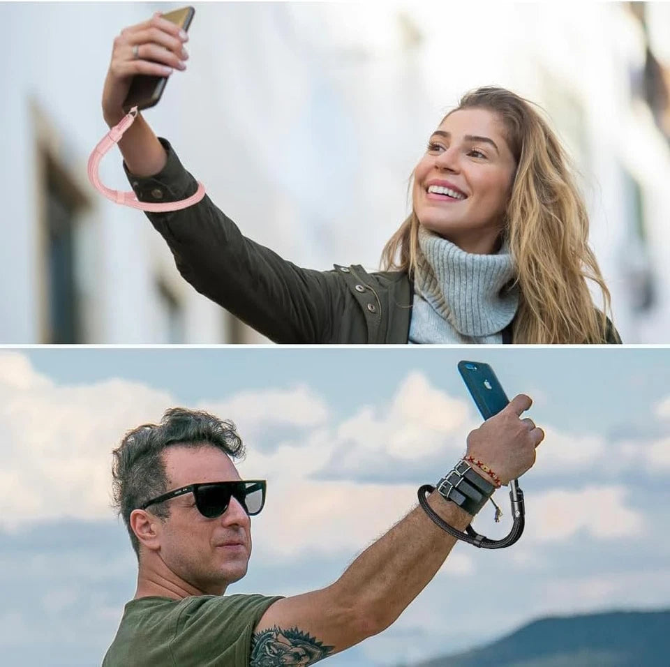 Two people using smartphone holders outdoors with scenic backgrounds