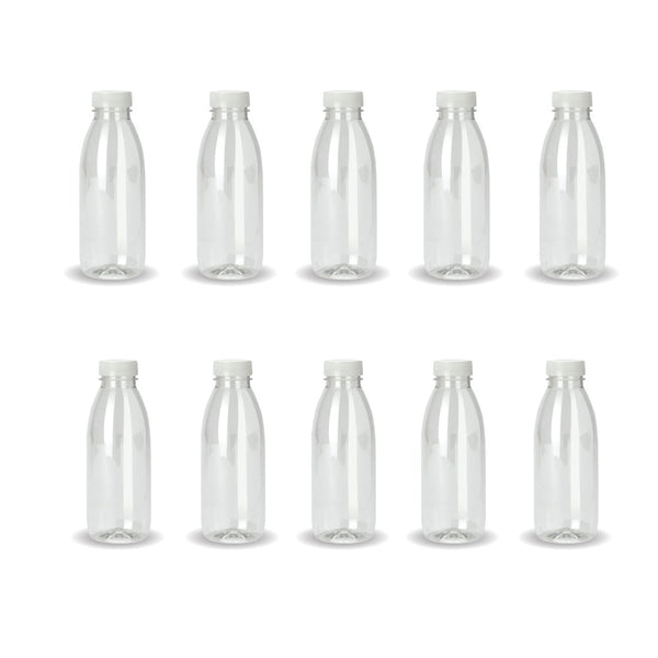 10x 300ml PET Juice Bottles + Tamper Evident Caps - Empty Plastic Recyclable Clear