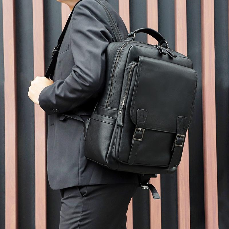 Men Black Cowhide Leather Backpack for Casual Business with Laptop Compartment