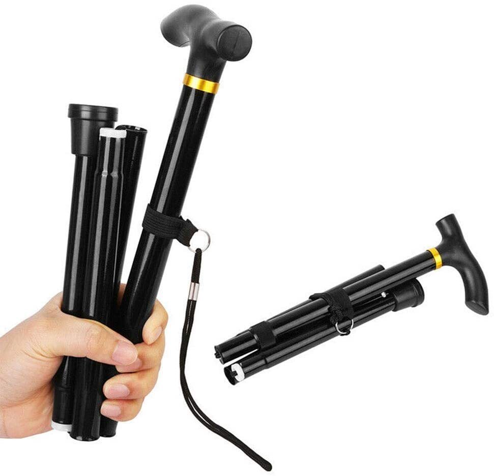 Adjustable Metal WALKING STICK Travel Cane Folding Pole Compact Retractable Hike - Black