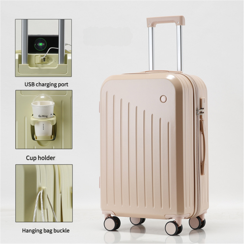 Smart Carry-On Luggage with Cup Holder & USB Charging Port - Pink Color Spinner Suitcase for Travel Convenience 20 inch