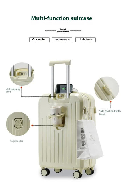 Smart Carry-On Luggage with Cup Holder & USB Charging Port - White Color Spinner Suitcase for Travel Convenience 24 inch