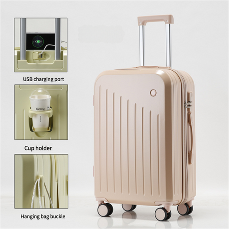 Smart Carry-On Luggage with Cup Holder & USB Charging Port - Pink Color Spinner Suitcase for Travel Convenience 24 inch