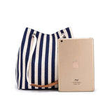 Light Blue Stripes Canvas Bucket Tote Bag with Leather Handle