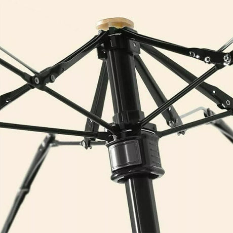 Close-up of the compact travel umbrella shaft, folding ribs and joints